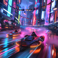 Cheerful racers in neon powered hovercrafts competing in a high speed race through a futuristic metropolis - obrazy, fototapety, plakaty