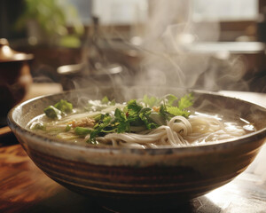 Closeup of a warm bowl of pho steam rising inviting viewers to experience the delicious flavors of international food