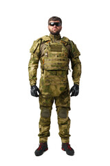 Full length portrait of man soldier wearing ammunition on white background