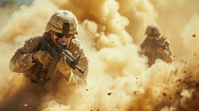Military gear, army helmet, warpaint, smoking dirty face, tactical gloves, US Marines in combat, desert battlefield, smoke grenades