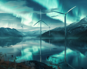 Giant wind turbines reflected in a serene lake under a sky lit by the aurora symbolizing the harmony of green energy