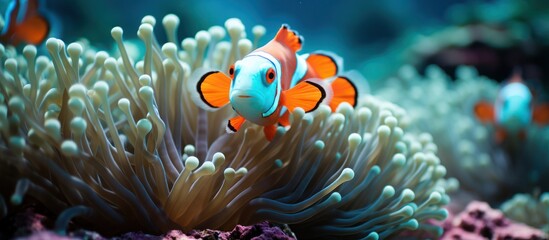 Beautiful color clown anemone fish in tropical coral reef - obrazy, fototapety, plakaty