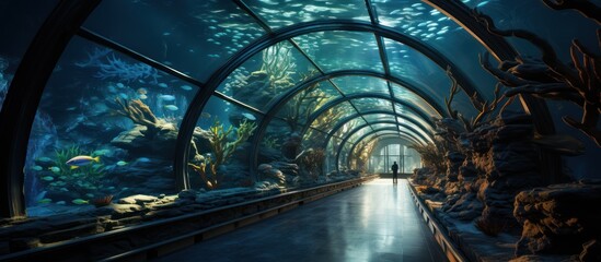 Naklejka premium Beautiful Aquarium underwater tunnel view
