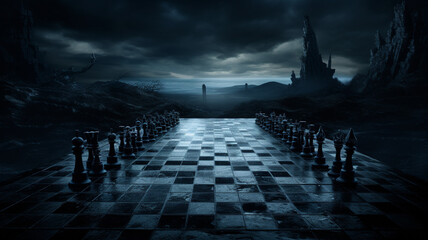 Chess board lying on the dark night. - obrazy, fototapety, plakaty
