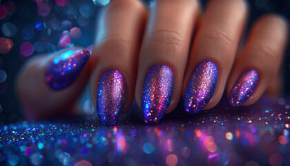 A close-up of glittering purple manicured nails with bokeh background.