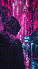 Fototapeta na wymiar In a dark city a neon hacker decrypts the sky revealing a matrix of cyber security secrets