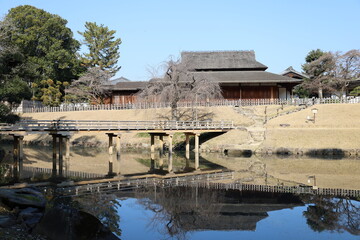 Japanese sentiments : the scene of Japanese traditional thatched houses in Koraku-en Japanese...