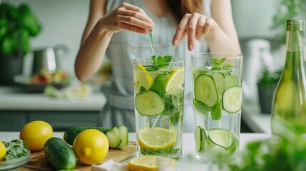 A woman is preparing and setting up a glass of detoxifying, healthful water with cucumber and lemon on a white table.
