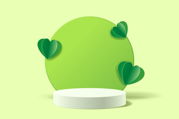 White cylinder stand for displaying products decorated with green paper cut hearts
