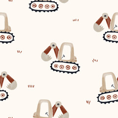 Beautiful seamless pattern with hand drawn cute baby toy excavator illustrations. - 737770214