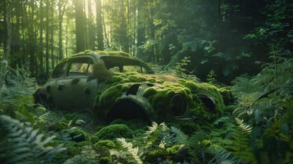 The car body is covered with moss.