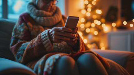 elderly woman uses a smartphone to browse social media and communicate with friends and family. In a cozy living room with soft lighting - obrazy, fototapety, plakaty