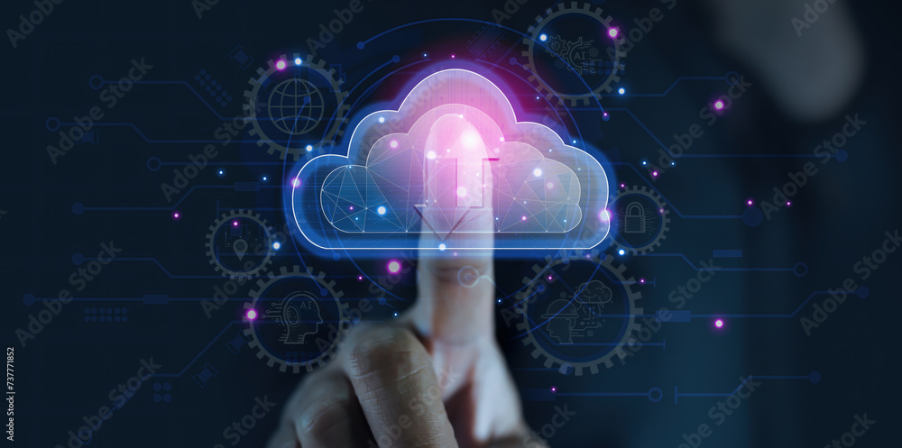 Poster businessman hand touching on cloud computing icon and network online data screen.