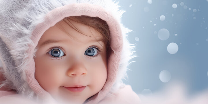 Cute little baby in winter cap. Banner with copy  space. Shallow depth of field.