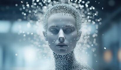 Artificial intelligence and virtual reality concept, robot face made of silver particles