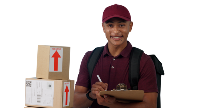Delivery man, portrait or checklist for courier service with boxes, distribution or invoice to dispatch product. Face, smile or logistics worker with package or isolated on transparent png background