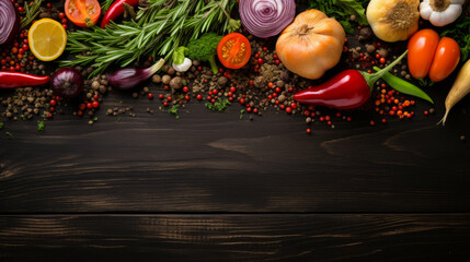 The background of cooking. On a black wooden background. Top view. Free space for your text, Bright color, realistic