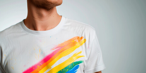 Young man wearing a white t-shirt with a hand-painted rainbow flag. Gay Pride's day