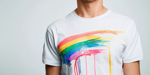 Young man wearing a white t-shirt with a hand-painted rainbow flag. Gay Pride's day - obrazy, fototapety, plakaty