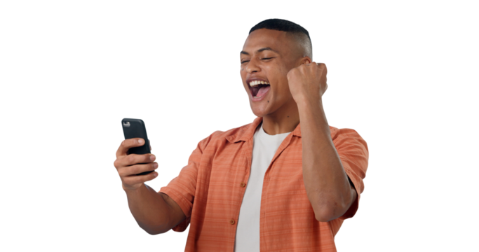 Man, smartphone and fist pump with cheers for success, social media giveaway and happy isolated on png transparent background. Winning, prize or reward online with contest on app and celebration