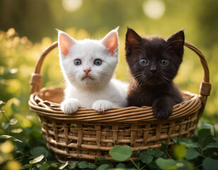 Fototapeta na wymiar Two cute motley kittens in a basket against a background of nature. Cute animals in the grass