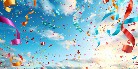 Festive background banner with a beautiful blue sky filled with small clouds and celebration ribbon flying in the air and stunning light