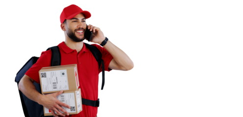 Happy man, phone call and delivery with box in discussion for logistics on a transparent PNG background. Male person or courier guy talking on mobile smartphone for parcel, package or online order