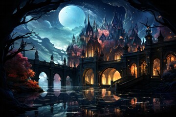 a castle with a bridge over a river at night with a full moon in the sky