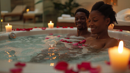 Black African American man and woman couple in love in a hot tub with candles and rose petals
