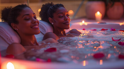 Black African American lesbian women couple in love in a hot tub with candles and rose petals
