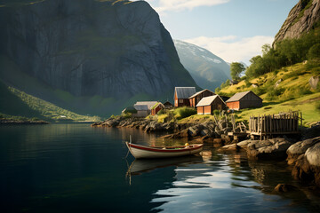 Tranquil Evening at a Northern European Fjord: Illustrating the Nordic Charm and Simplicity of Fjord Culture - obrazy, fototapety, plakaty