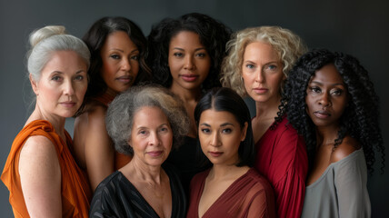 Fototapeta premium Diverse group of women of different ages and nationalities posing against a monochromatic background