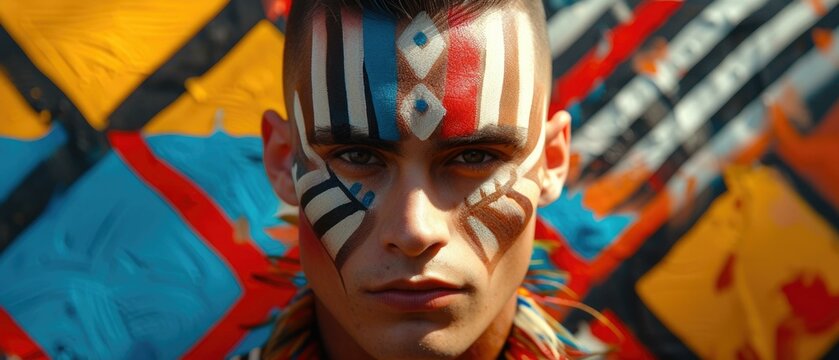 A captivating portrait of a man with tribal markings, showcasing his bold and artistic personality. Generative AI.