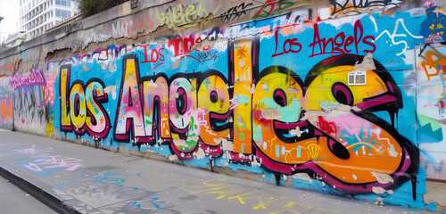 Welcome to Los Angeles, California, USA. Colorful graffiti text sign Los Angeles written on a cement highway wall. Urban trendy graffiti art with happy pink, blue, purple for tourism vacation by Vita