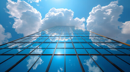Closeup of a gl facade reflecting the white billowing clouds above. - obrazy, fototapety, plakaty
