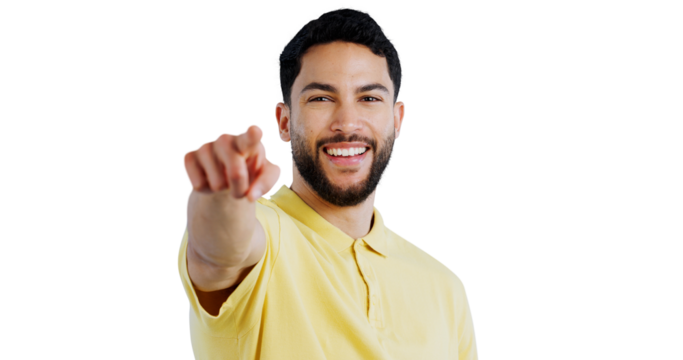 Man, portrait and pointing for choice, decision and vote for winner or direction in recruitment for human resources. Happy person, face or support of hiring or isolated on transparent png background