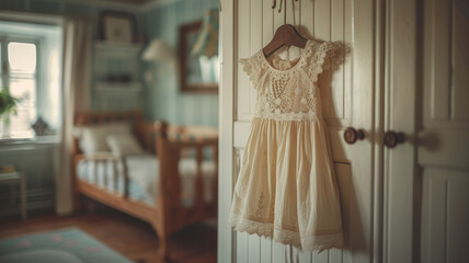 A white lace baby dress hangs on the closet door.