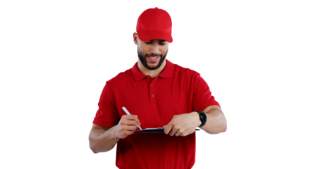 Happy man, delivery and writing with clipboard for checklist, online order or signature on a transparent PNG background. Male person or courier guy filling paperwork or document for shipping service