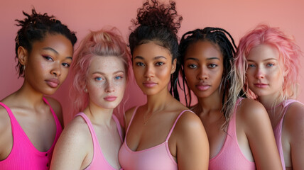 Fototapeta premium Group photo of women in pink T-shirts.