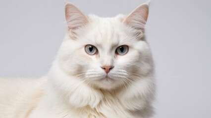 Portrait of White british longhair cat on grey background