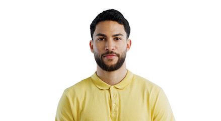 Man, headshot and portrait for casual fashion, plain yellow tshirt and style on png transparent...