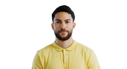 Man, headshot and portrait for casual fashion, plain yellow tshirt and style on png transparent background. Face, Mexican model with confidence and simple outfit with color and cool aesthetic