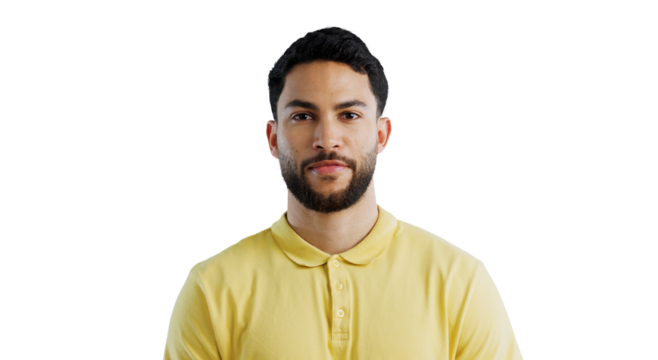 Man, headshot and portrait for casual fashion, plain yellow tshirt and style on png transparent background. Face, Mexican model with confidence and simple outfit with color and cool aesthetic