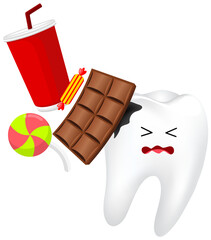 Effects of sugar to teeth. Dental care concept. Sweet food as an acid cauaing bacteria and molar cavity. Illustration.