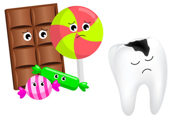 Effects of sugar to teeth. Dental care concept. Sweet food as an acid cauaing bacteria and molar cavity. Illustration.
