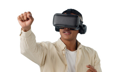 Virtual reality, punch or headset for man with future technology or play on wrestling game in 3D. Hologram, gamer or metaverse in digital world or high tech for isolated on transparent png background