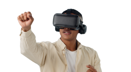 Virtual reality, punch or headset for man with future technology or play on wrestling game in 3D. Hologram, gamer or metaverse in digital world or high tech for isolated on transparent png background