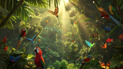 Envision a lush tropical rainforest teeming with life, where exotic birds soar overhead and colorful butterflies flit among the canopy of trees.