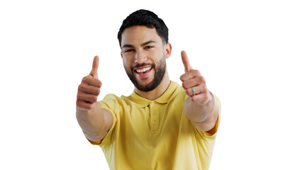 Portrait, happy man and thumbs up agreement, success or hand support sign on isolated, transparent or png background. Winner, emoji and face of excited person with feedback, vote or service review