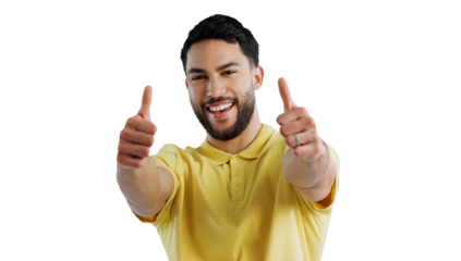 Portrait, happy man and thumbs up agreement, success or hand support sign on isolated, transparent or png background. Winner, emoji and face of excited person with feedback, vote or service review